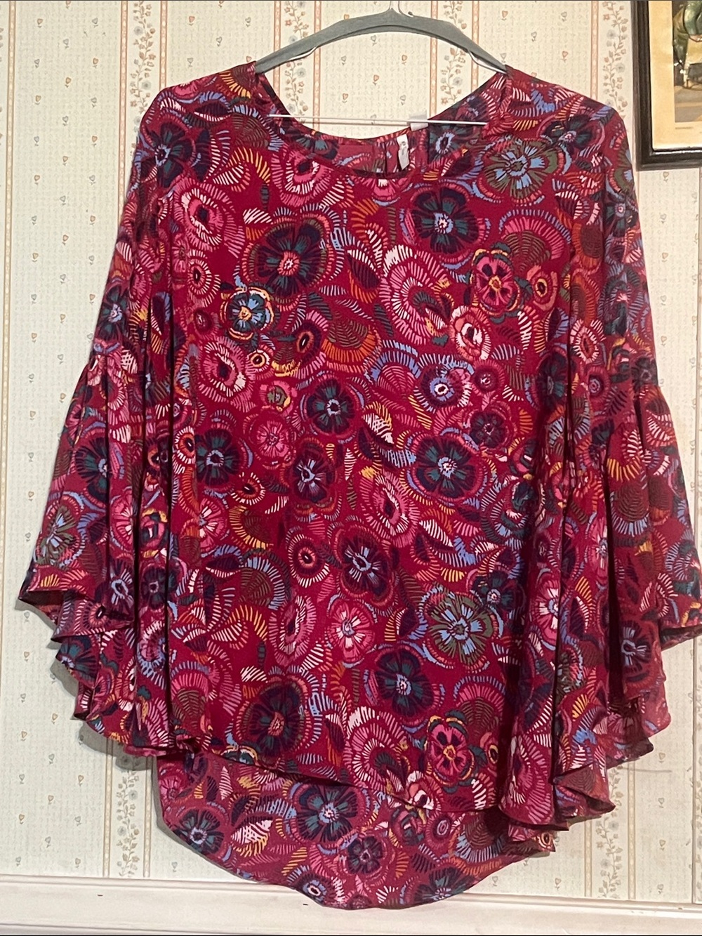 Floral Ruffle-Sleeve Blouse in Rich Red